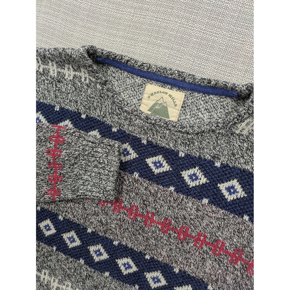 O'Hanlon Mills Sweater Mens Medium Gray Fair Isle Cotton Blend Pullover Knit